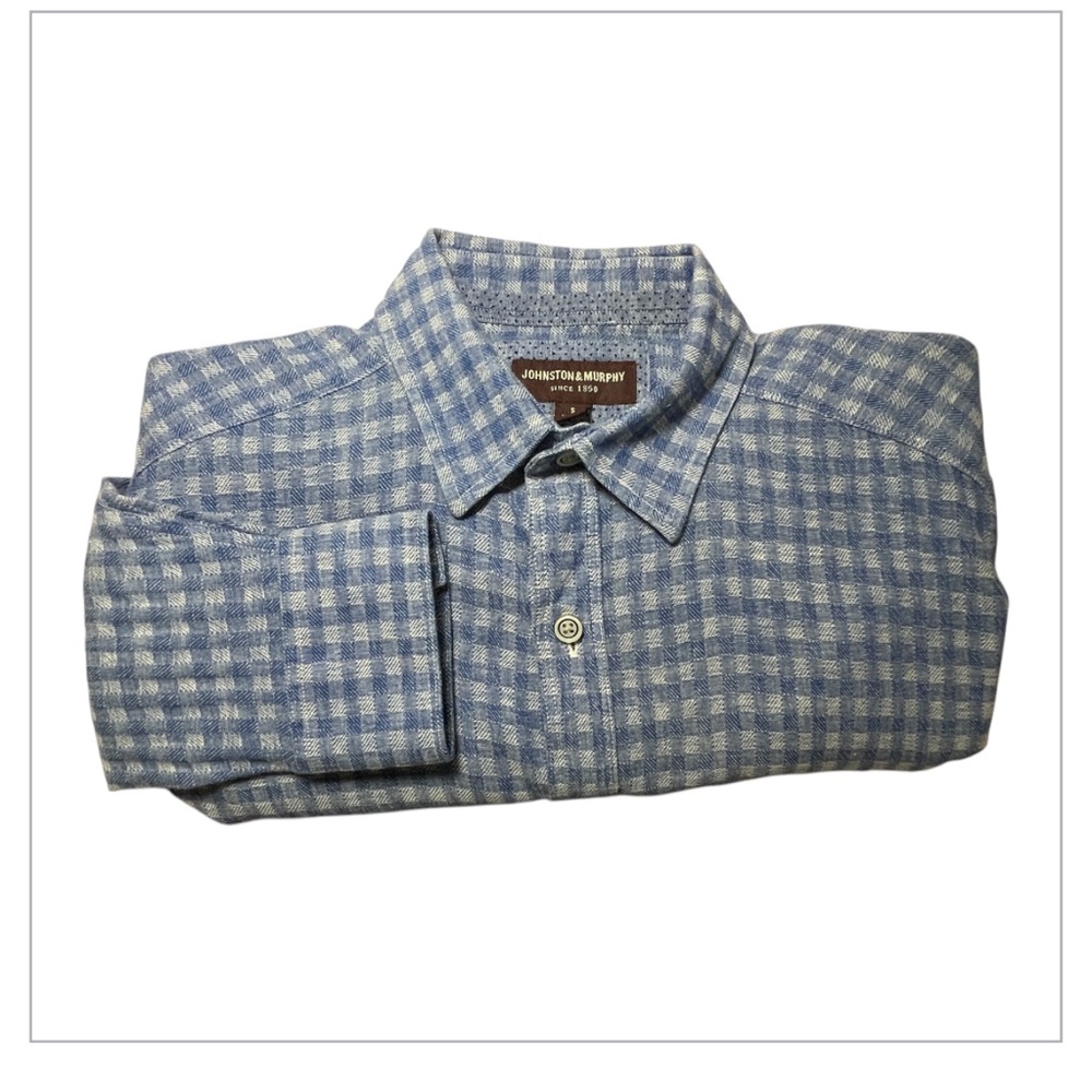 Johnston and Murphy Men Blue Linen Checkered Dress Shirt Size Small